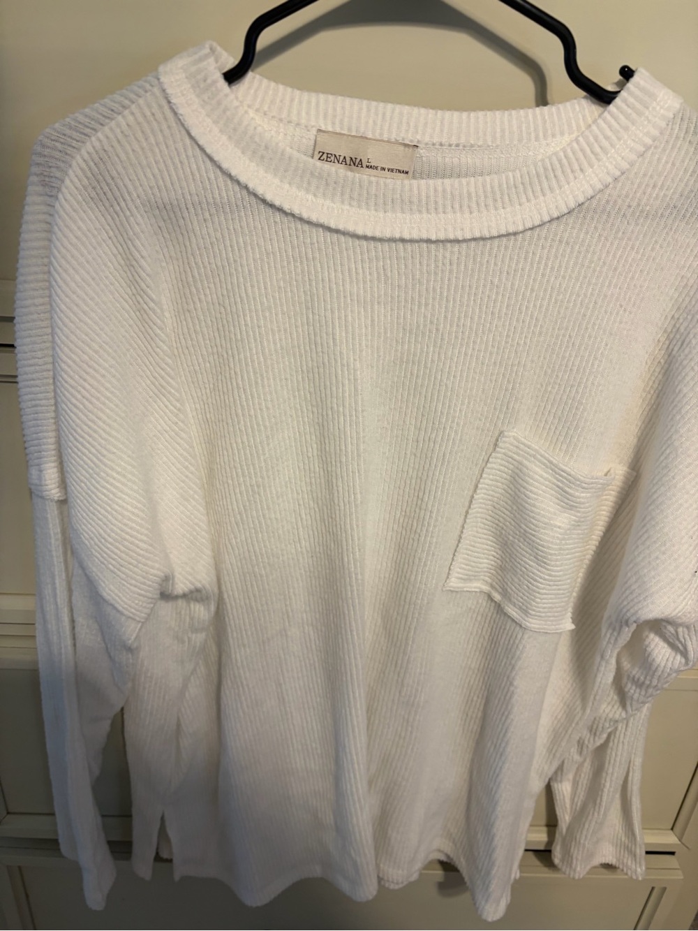 Zenana Outfitters White Ribbed Crewneck Pocket Sweater
